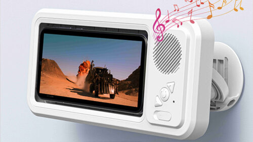 62d2560d-bf7a-4488-8520-3c03bc466761.jpg Bathroom Waterproof Mobile Phone Box Bluetooth Speaker Audio Bath TV Stand Mobile Phone Holder 360 Degree Rotation Touch Screen